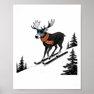 Skifahrender Elch – Lustiger Winterberg, Skigebiet Poster