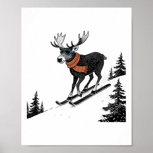 Skifahrender Elch – Lustiger Winterberg, Skigebiet Poster (Vorne)