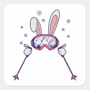 Skifahrender Hase mit Skistöcken und Skibrille Quadratischer Aufkleber