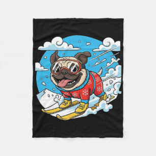 Skifahrender Mops-Hund in schneebedeckten Bergen W Fleecedecke