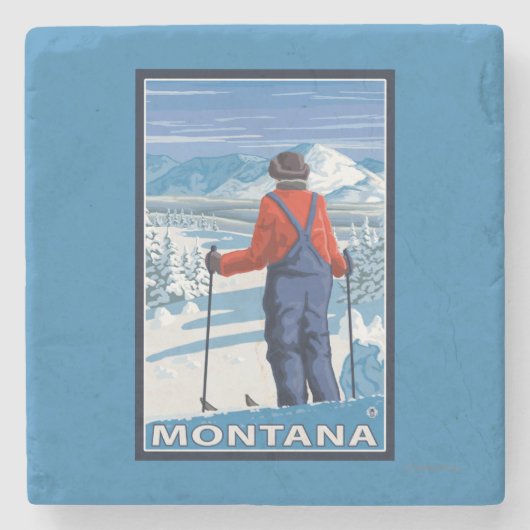 Skifahrer AdmiringMontanaVintage Reise-Plakat Steinuntersetzer (Vorderseite)
