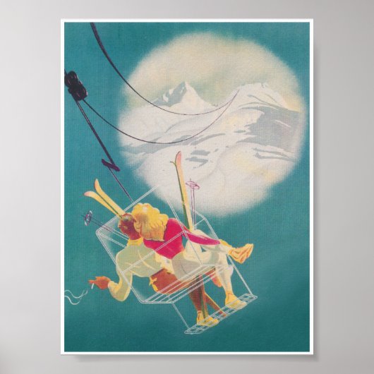 Skifahrer auf Skilift und Mond Romantische Vintag Poster (Vorne)