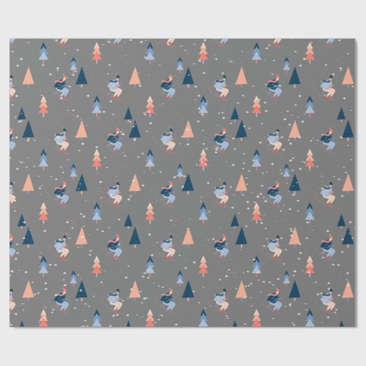 Skifahrer in Schneeflocken auf Grau Geschenkpapier (Flach)