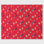 Skifahrer in Schneeflocken auf rotem Papier Geschenkpapier (Flach)