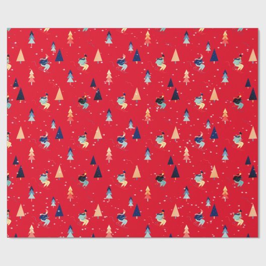 Skifahrer in Schneeflocken auf rotem Papier Geschenkpapier (Flach)
