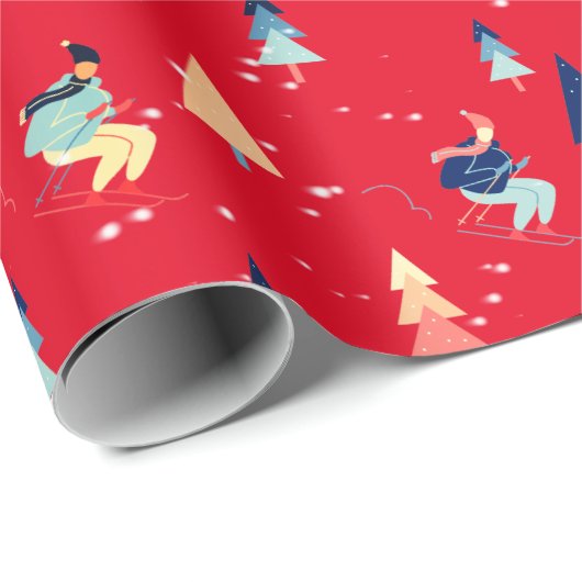 Skifahrer in Schneeflocken auf rotem Papier Geschenkpapier (Rolleneckpunkt)