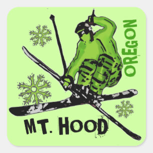 Skifahrer-Themaaufkleber Berg-Hauben-Oregons grün Quadratischer Aufkleber