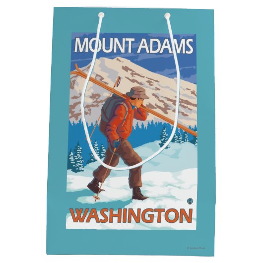 Skifahrer-tragende Schnee-Skis - Berg Adams, WA Mittlere Geschenktüte (Rückseite)