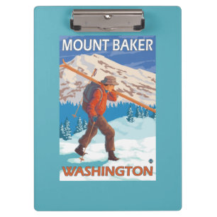 Skifahrer-tragende Schnee-Skis - Berg-Bäcker, WA Klemmbrett
