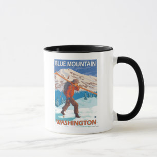 Skifahrer-tragende Schnee-Skis - blauer Berg, WA Tasse