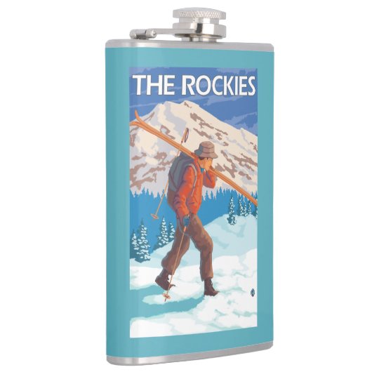 Skifahrer-tragende Schnee-Skis - die Rockies Flachmann (Rechts)