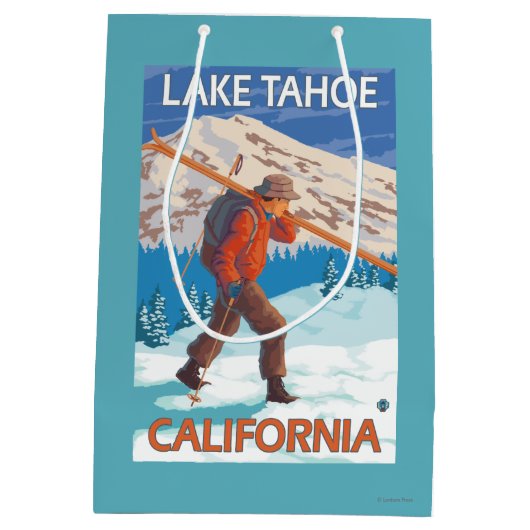 Skifahrer-tragende Schnee-Skis - Lake Tahoe, Mittlere Geschenktüte (Rückseite)