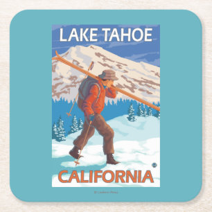 Skifahrer-tragende Schnee-Skis - Lake Tahoe, Rechteckiger Pappuntersetzer