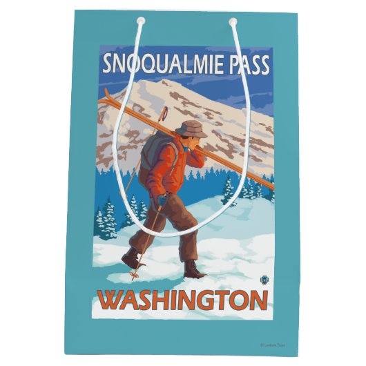 Skifahrer-tragende Schnee-Skis - Snoqualmie Mittlere Geschenktüte (Rückseite)