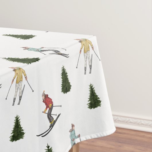 Skifahrer und Tannen Wasserfarben Weihnachtsmuster Tischdecke (Beispiel)