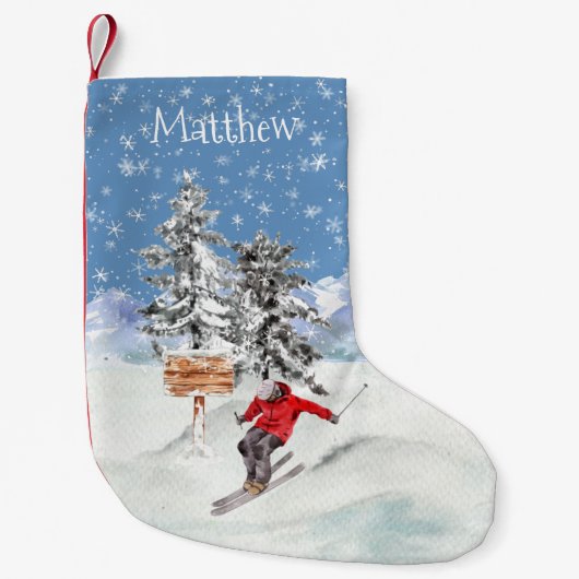 Skifahrerschnee Personalisiert Wasserfarbe Kleiner Weihnachtsstrumpf (Vorderseite)