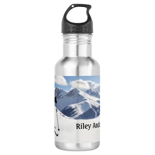 Skigebirge und Skier-Silhouette personalisieren Edelstahlflasche (Vorderseite)