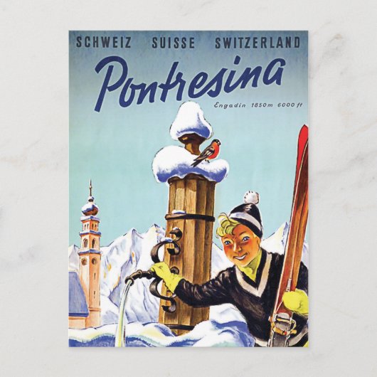 Skigirl in Pontresina, Schweiz Postkarte (Vorderseite)
