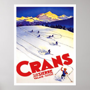 Skihang in Crans-Hügel, Schweiz, Vintage-Reise Poster