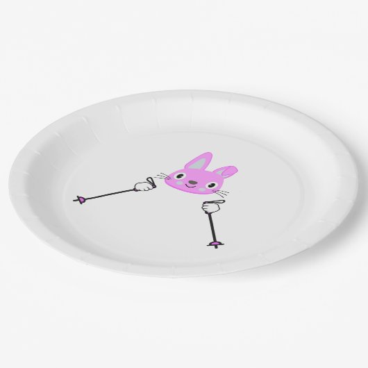 Skihasen mit Skistöcken Pappteller (Schrägansicht)