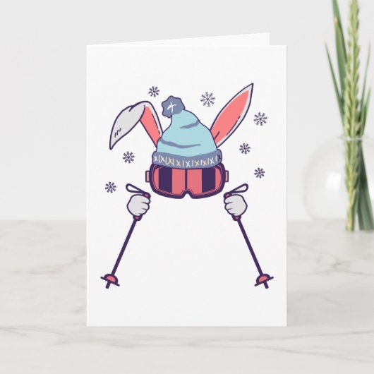 Skihasen mit Skistöcken Skikappe Karte (Vorderseite)