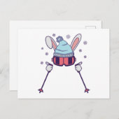 Skihasen mit Skistöcken Skikappe Postkarte (Vorne/Hinten)