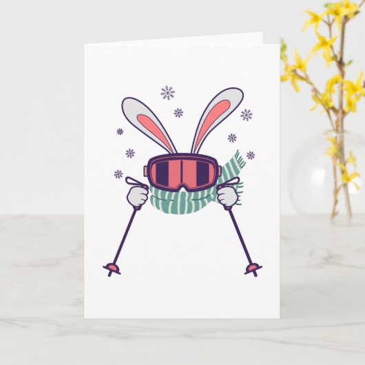 Skihasen mit Skistöcken und Schal Karte (Gelbe Blume)