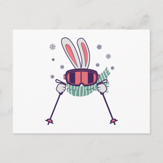 Skihasen mit Skistöcken und Schal Postkarte (Vorderseite)