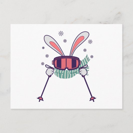 Skihasen mit Skistöcken und Schal Postkarte (Vorderseite)