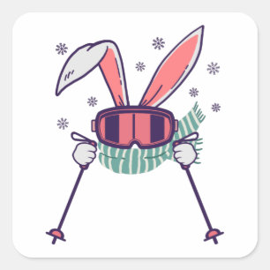 Skihasen mit Skistöcken und Schal Quadratischer Aufkleber