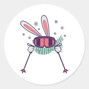 Skihasen mit Skistöcken und Schal Runder Aufkleber