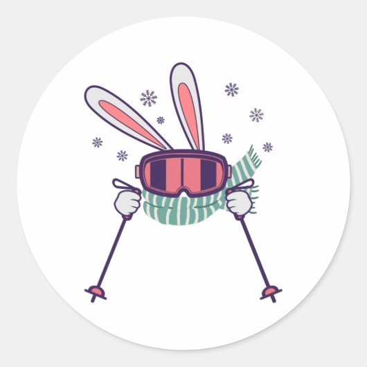 Skihasen mit Skistöcken und Schal Runder Aufkleber (Vorderseite)