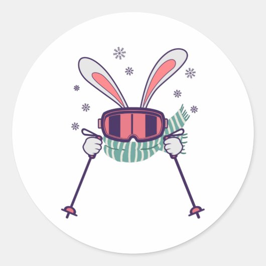 Skihasen mit Skistöcken und Schal Runder Aufkleber (Vorderseite)