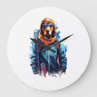 Skihund in Skibrille  5 Große Wanduhr