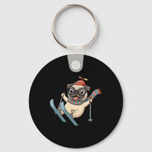 Skihund Winter Pug an den Hängen Lustige Schneeluf Schlüsselanhänger