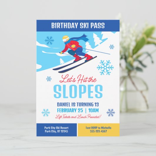 Skiing Birthday Einladung Lasst uns die Pisten tre (Stehend Vorderseite)