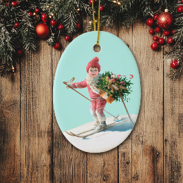 Skiing Child Delivering Christmas Bouquet Keramik Ornament