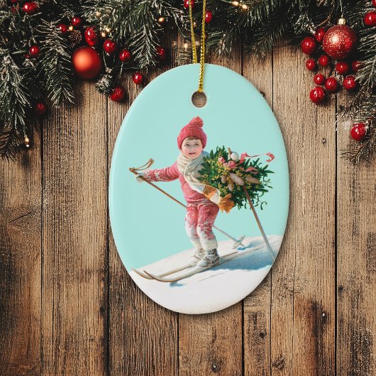Skiing Child Delivering Christmas Bouquet Keramik Ornament