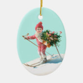 Skiing Child Delivering Christmas Bouquet Keramik Ornament (Vorne)