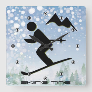 Skiing Design Wall Clock Quadratische Wanduhr