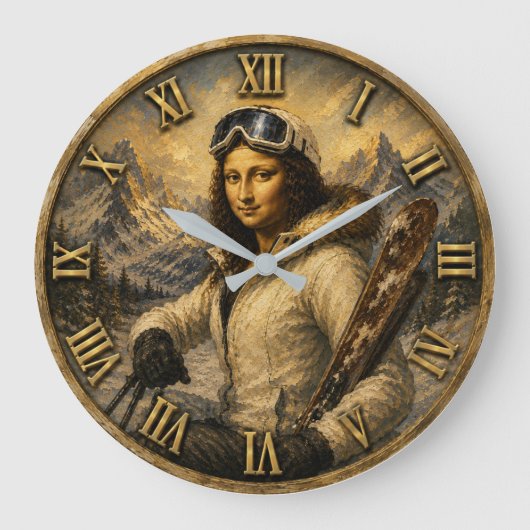 Skiing Funny Mona Lisa Skier Gift Große Wanduhr (Vorderseite)