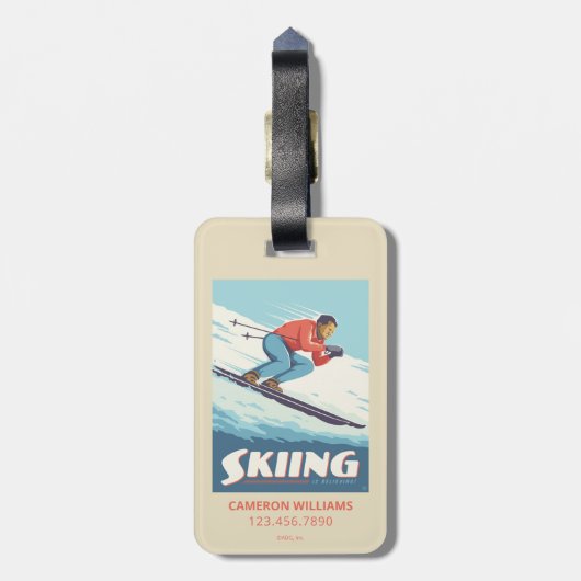 Skiing glaubt Retro Print Gepäckanhänger (Rückseite vertikal)
