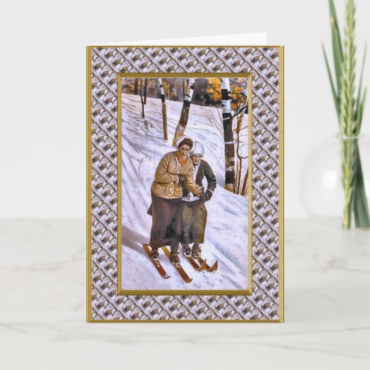 Skiing in tandem feiertagskarte (Vorderseite)