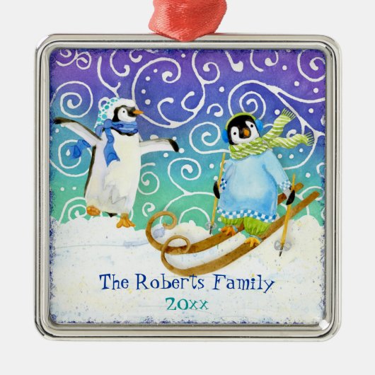 Skiing Pinguin Baby's 1. Weihnachtsdekoration Silbernes Ornament (Vorne)