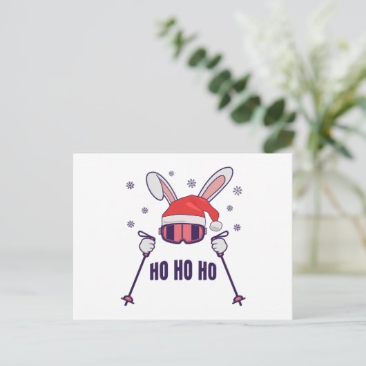 Skiing Santa Rabbit with Santa Hat and ski poles S Postkarte (Stehend Vorderseite)