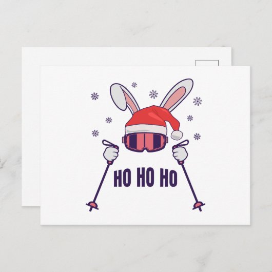 Skiing Santa Rabbit with Santa Hat and ski poles S Postkarte (Vorne/Hinten)