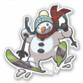 Skiing Snowman in Wooly Weihnachtshut Cartoon Aufkleber (Vorderseite)