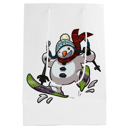 Skiing Snowman in Wooly Weihnachtshut Cartoon Mittlere Geschenktüte (Rückseite)