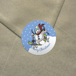 Skiing Snowman in Wooly Weihnachtshut Cartoon Runder Aufkleber