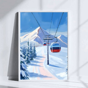 Skilift   Schneebedeckte Berggondel Aquarell Poster